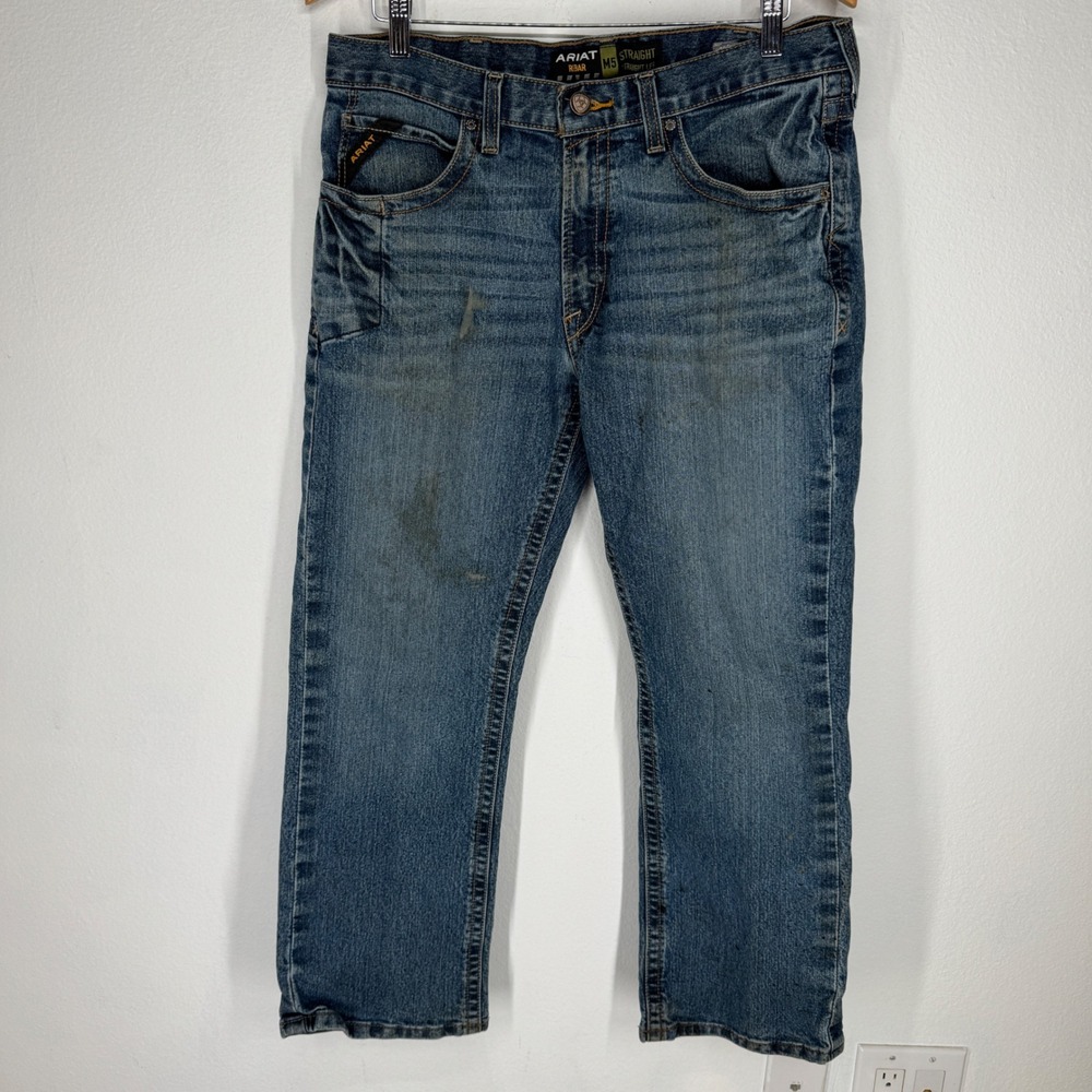 Ariat Rebar M5 Mens Straight Leg Jeans Blue Denim‎ 34x30 Distressed Workwear